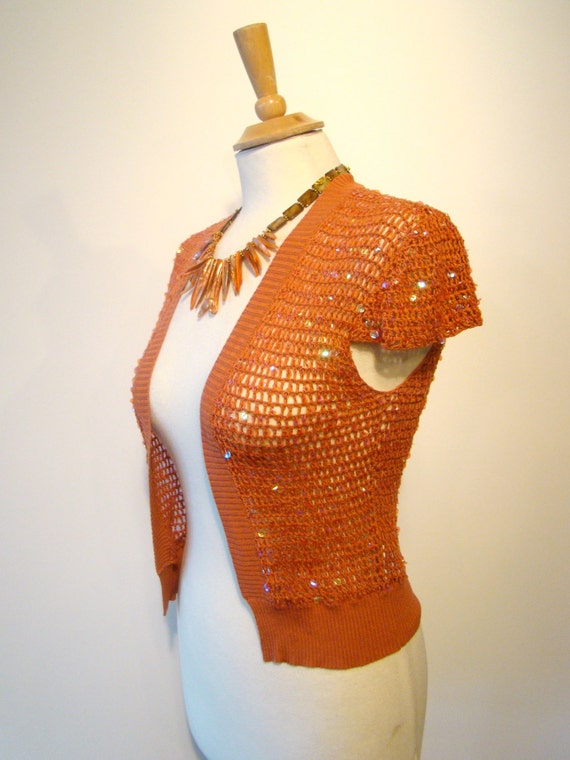 Vintage Y2K Rust Silk & Sequin Knit Caplet - image 2