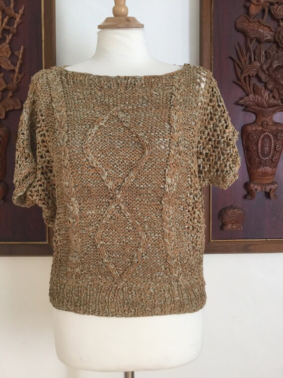 Vintage 70s Tan Knit Leather Short Sleeve Sweater… - image 2
