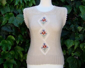 Vintage 70s / Tom Boy of California / Beige / Knit / Floral / Sweater / SMALL