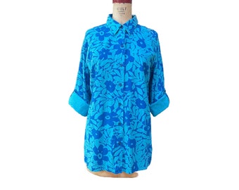 Jaclyn Smith Womens Tunic Shirt Top Aqua Blue Button Front Tropical Pattern 16