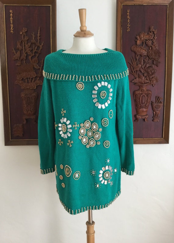 Vintage 80s / Green / Beaded / Jeweled / Slouchy … - image 2