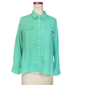 Talbots Womens Button Down Blouse Green Roll Tab Long Sleeve Pocket Front M