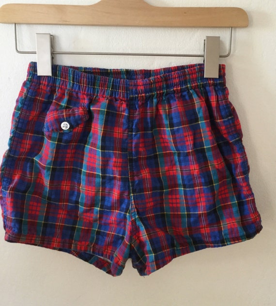 Vintage 70s / Boys / Plaid / Red / Blue / Drawstr… - image 1