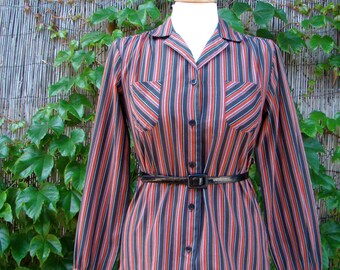 Vintage 70s / Striped /  Long Sleeve / Secretary Blouse / SMALL