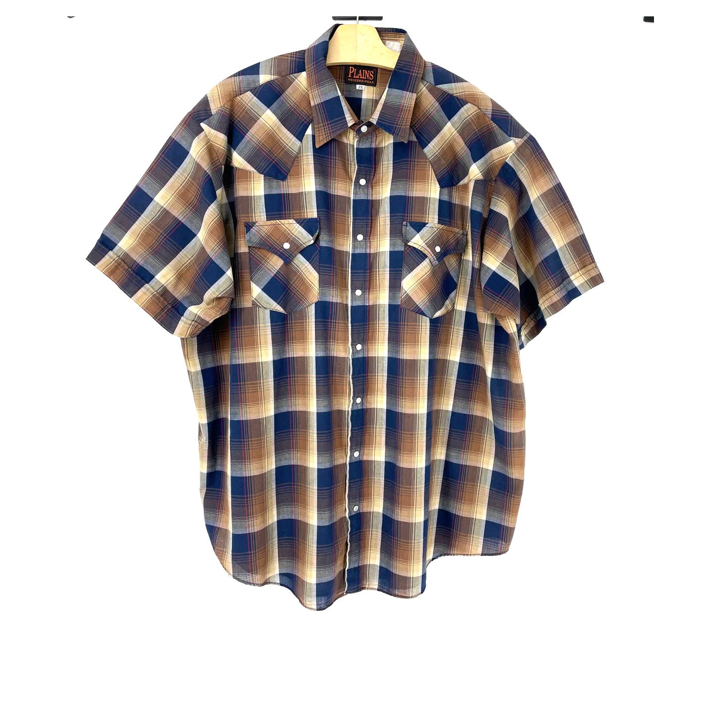 PlayhouseVintageShop Vintage Plains Western Wear Big Man Plaid Snap Short Sleeve Rockabilly Cowboy Shirt Blue / Tan / Red