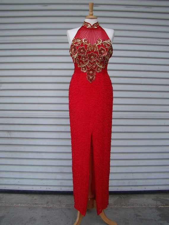 Vintage 70s / Red and Gold / Silk / Sequin and Bea