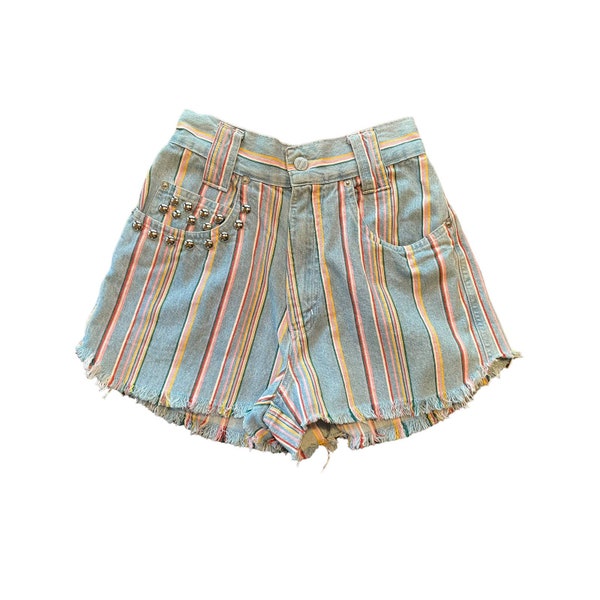 Palmetto's Womens Mom Shorts Multicolor Striped Fringe Hem High Waist 3