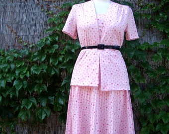 Vintage 70s Hot Pink Polka Dot Secretary 2 Piece Day Suit MEDIUM