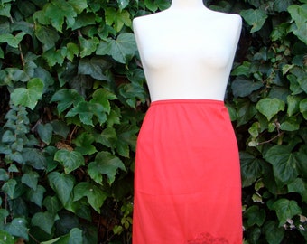 Vintage 50s / Red / Ribbon / Lace / Slip / Skirt / SMALL