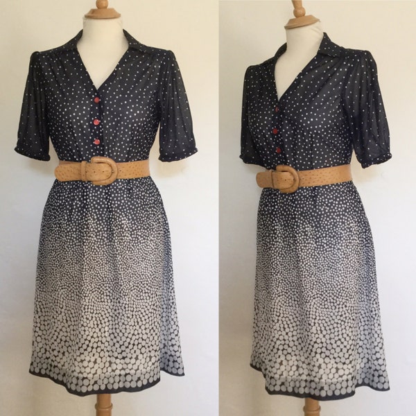 Vintage 70s / Navy Blue / White Polka Dot / Sheer / Short Sleeve / Secretary / Day Dress / Medium