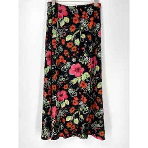 Vintage 90s Coldwater Creek Black and Red Floral Slinky Skirt Large