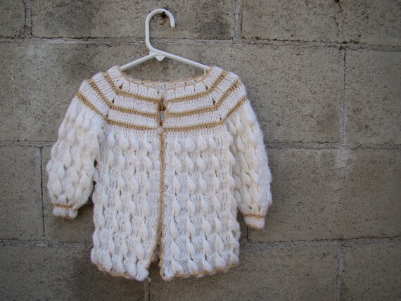Vintage / White and Taupe / Hand Knitted / Baby G… - image 1