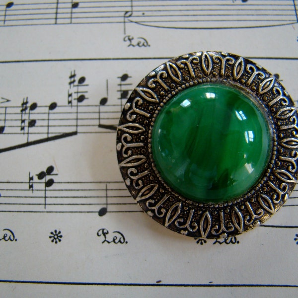 Vintage 60s / Green / Marble Stone with Silver Trim / Costume Jewelry / Brooch / Pin