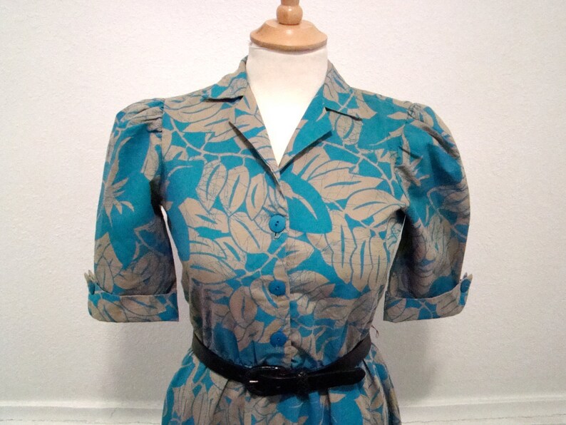 Vintage 80s / Puff Sleeve / Turquoise and Khaki / Leaf / Day - Etsy