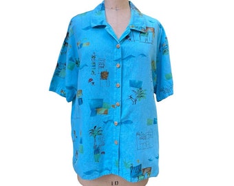 Produce Company Men's Button Front Shirt Blue Tropical Linen Blend XL