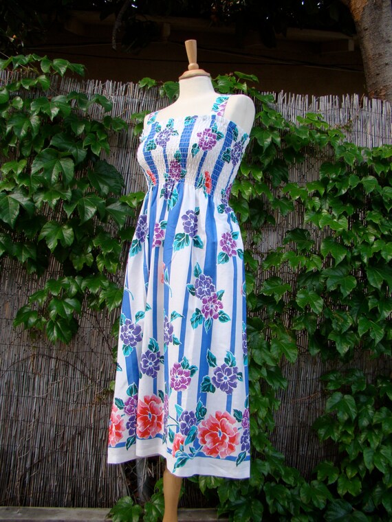 Vintage 70s / Floral Print / Striped / Sun Dress … - image 4