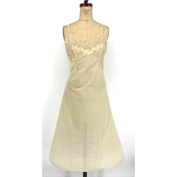 Abito slip con cinturino spaghetti in pizzo beige VTG anni '60