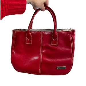 Pevonia Womens Mini Handbag Red Leather Dual Handle Lined Footed