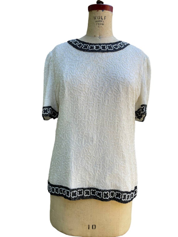 Laurence Kazar Womens Beaded Blouse Shirt Top Whit