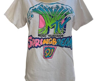 MTV Spring Break 91 Womens T Shirt White Graphic Print Short Sleeves 90s Large