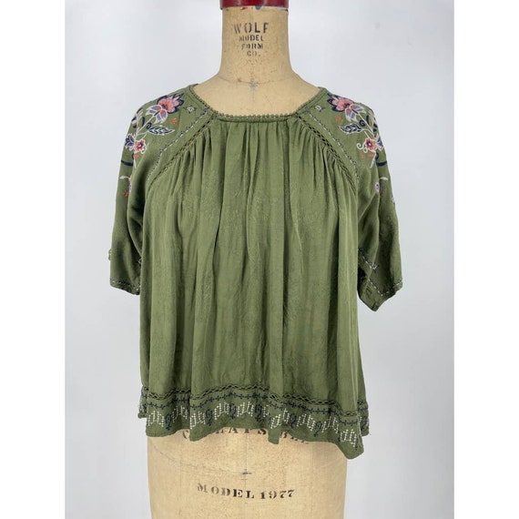 Knox Rose Peasant Blouse Green Embroidered Boho Top S 
