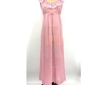 VTG Pink Lace Empire Waist Nylon Maxi Nightgown Medium