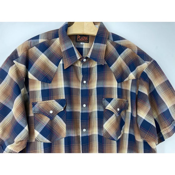 PlayhouseVintageShop Vintage Plains Western Wear Big Man Plaid Snap Short Sleeve Rockabilly Cowboy Shirt Blue / Tan / Red