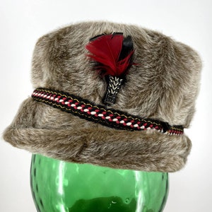 Vintage 60s Men&#39;s Winter Hat Fur Russian Style Quilted with Feather and Ear Flaps Size Small