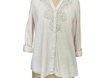 Womens Shirt Beige Linen Rayon Blend Roll Tab Sleeves Embroidered Button Up L
