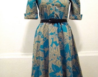 Vintage 80s / Puff Sleeve / Turquoise and Khaki / Leaf / Day Dress / SMALL