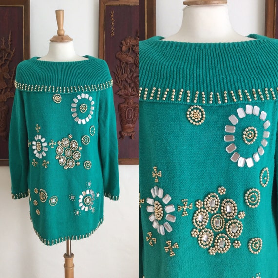 Vintage 80s / Green / Beaded / Jeweled / Slouchy … - image 1