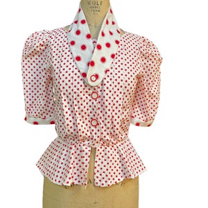 James Reva Womens Peplum Top Red White Polka Dot Button Front Puff Sleeve 5/6