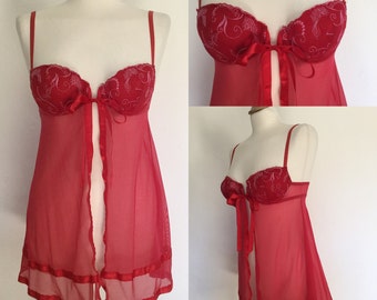 Vintage 80s / Cherry Red / Bow Tie / Babydoll / Nightie / Boudoir / Lingerie / Small