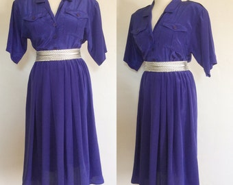Vintage 80s / Royal Blue / Short Sleeve / Leslie Fay / Day Dress / Medium / Large