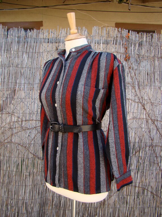 Vintage 70s / Red / Black / Grey / Striped / Wool… - image 3