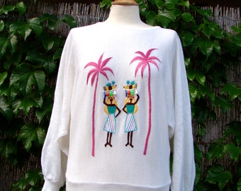 Vintage 80s / White Etoile / Tropical / New Wave / Palm Tree / Sweater / MEDIUM