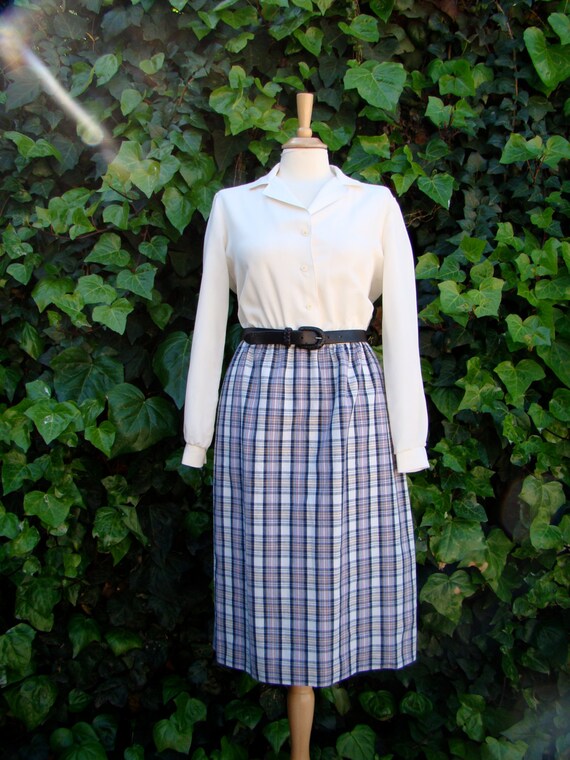 Vintage / 70s / White / Blue / Plaid / Long Sleev… - image 1