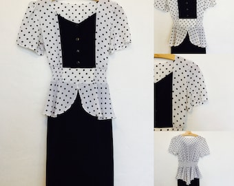 Vinatge 80s / Black and White / Polka Dot / Peplum / Secretary / Day Dress / Small