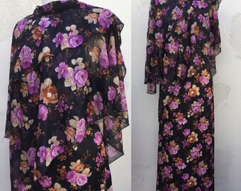 Vintage 70s / Floral / Halter / Boho / Drapey / Dress / Large