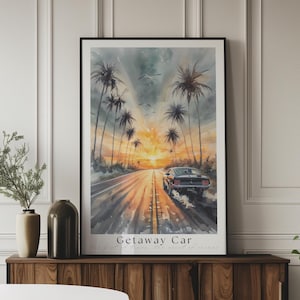 Get Away Car Print, Vintage Car Poster, Reputation Inspired Wall Art, Watercolor Digital Print, Palm Tree Scenic Landscape Art, Music Gift
