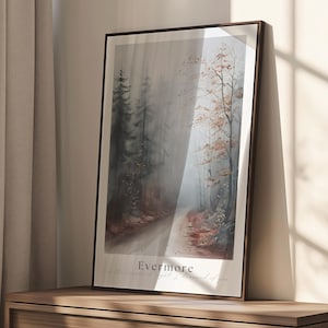 May include: A framed watercolor painting of a forest path with trees and a misty background. The painting is titled "Evermore".