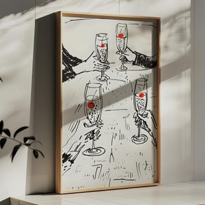 Proost print, handgetekende champagne illustratie, minimalistische digitale kunst, barwagen print, keukendecor, cocktailmuurkunst, proostbord