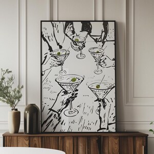 Proost print, Martini digitale print, minimalistische digitale illustratie, barwagen print, keukendecor, cheers bord, cocktailmuurkunst
