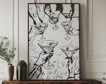 Cheers Print, Martini Digital Print, Minimalistic Digital Illustration, Bar Cart Print, Kitchen Decor, Cheers Sign, Cocktail Wall Art