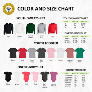 May include: Color and size chart for youth sweatshirts, onesie-bodysuits, and youth toddler t-shirts. Includes size, width, and length measurements in inches. Available colors include black, white, red, pink, and various shades of grey and green.