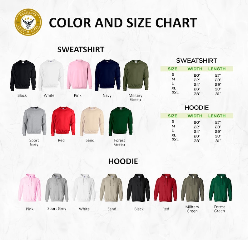May include: Color and size chart for sweatshirts and hoodies. The image displays various colors of sweatshirts and hoodies, including black, white, pink, navy, and green. Size charts are included, showing width and length measurements in inches.