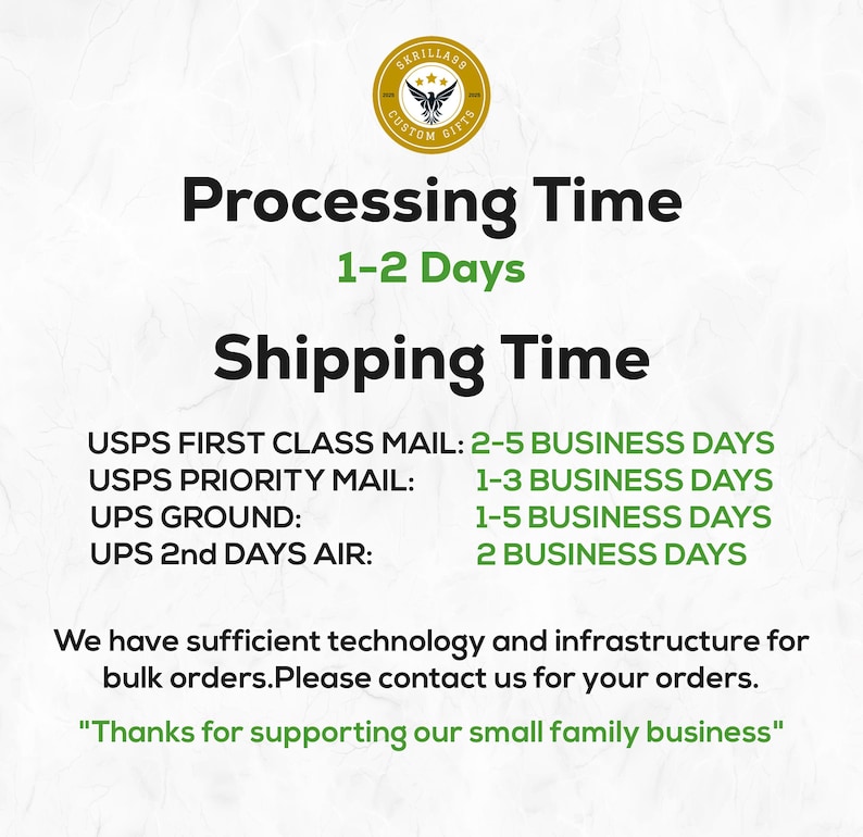 May include: Image with text detailing processing and shipping times. The text includes "Processing Time 1-2 Days" and "Shipping Time" with options for USPS and UPS. The image also includes a logo and a thank you message.