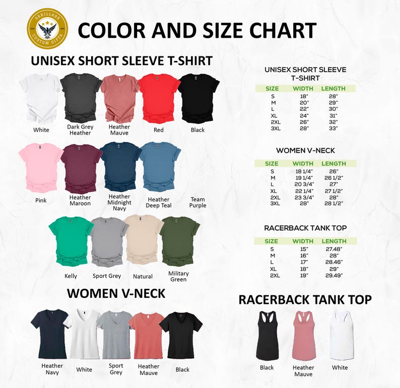 May include: Color and size chart for unisex short sleeve t-shirts, women's V-neck shirts, and racerback tank tops. The chart displays sizes, widths, and lengths in inches. Various colors are shown, including white, black, pink, and navy.