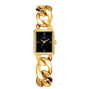 May include: Gold-toned watch with a rectangular black face and gold hands. The watch features a thick chain-link band. The watch face has the text "VD VICTOR JURGENSEN".