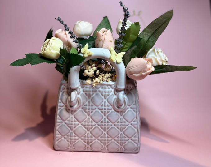 Elegant Ceramic Purse Vase with Wax Flowers – Decorative Gift Arrangement